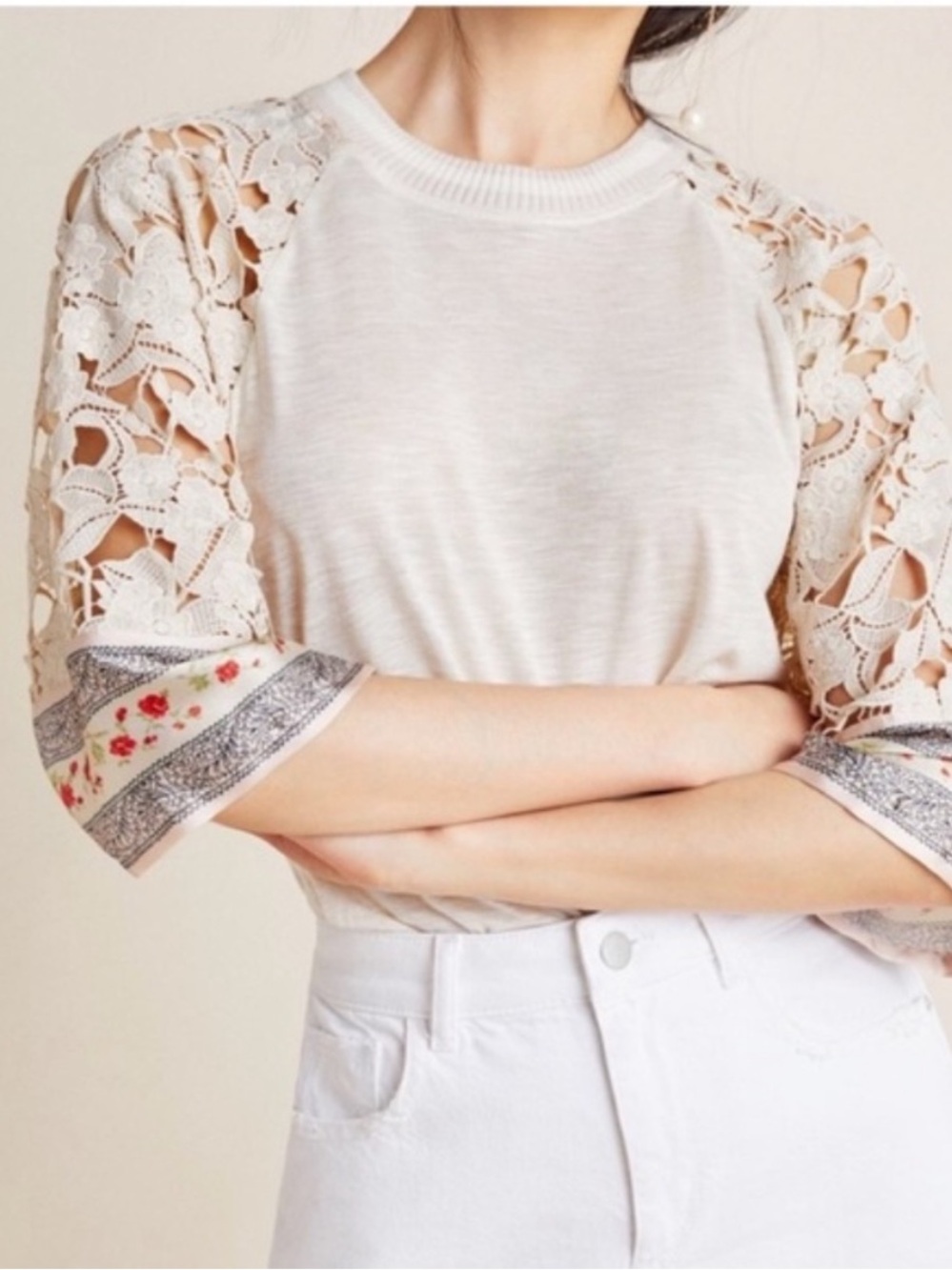 Tiny Anthropologie Cream Cassidy Floral Lace Sleeves Boho Mixed Media Size XS